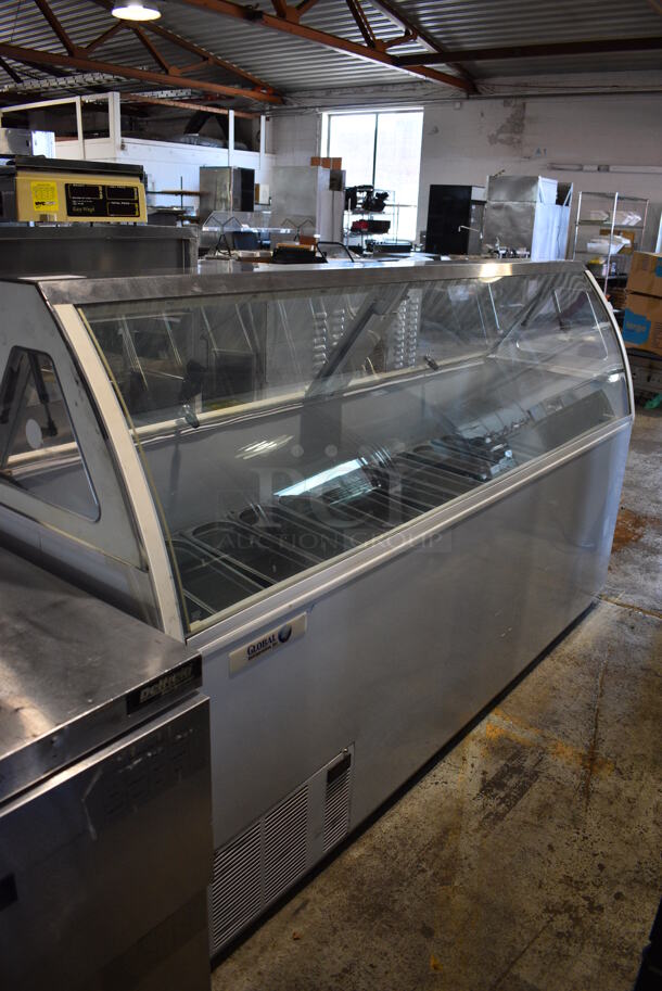 Global Metal Commercial Floor Style Gelato Case Merchandiser w/ Stainless Steel Drop In Bins. 88x27x52. Tested and Does Not Power On
