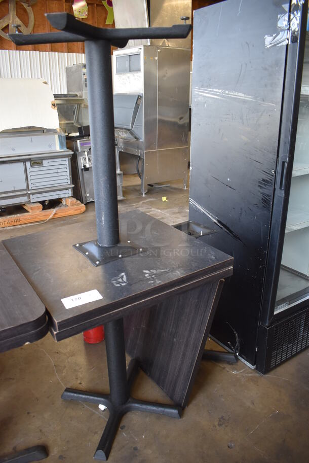 3 Dark Wood Pattern Tabletops on Black Metal Table Base. One Tabletop Is Detached From Its Base. 24x24x29. 3 Times Your Bid! - Image 3 of 7