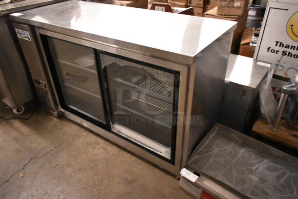 BRAND NEW SCRATCH AND DENT! Avantco 178UBB60SHCS 60" Stainless Steel Counter Height Narrow Sliding Glass Door Back Bar Refrigerator with LED Lighting. See Pictures for Broken Door Glass. 115 Volts, 1 Phase. Tested and Working! - Image 3 of 7
