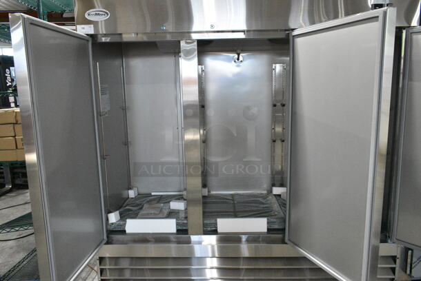 BRAND NEW SCRATCH AND DENT! KoolMore RIR-3D-SS Stainless Steel Commercial 3 Door Reach In Cooler w/ Poly Coated Racks on Commercial Casters. 115 Volts, 1 Phase. Tested and Working! - Image 4 of 11