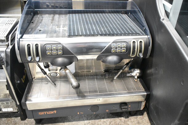 Smart Stainless Steel Commercial Countertop 2 Group Espresso Machine w/ 1 Portafilter and Steam Wand.  - Image 1 of 11