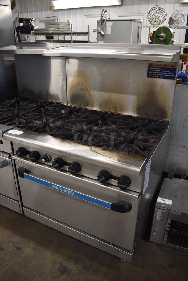 Radiance Stainless Steel Commercial Natural Gas Powered 6 Burner Range w/ Oven, Over Shelf and Back Splash. 36x33x57 - Image 2 of 7