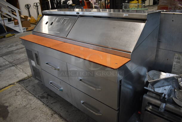 Randell Stainless Steel Commercial Sandwich Salad Prep Table Bain Marie Mega Top w/ Cutting Boards and 4 Drawers on Commercial Casters. 72x36x47. Tested and Powers On But Does Not Get Cold - Image 3 of 7