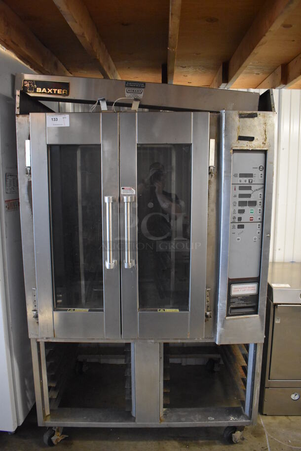 Baxter Stainless Steel Commercial Floor Style Natural Gas Powered Mini Rotating Rack Oven on Commercial Casters.