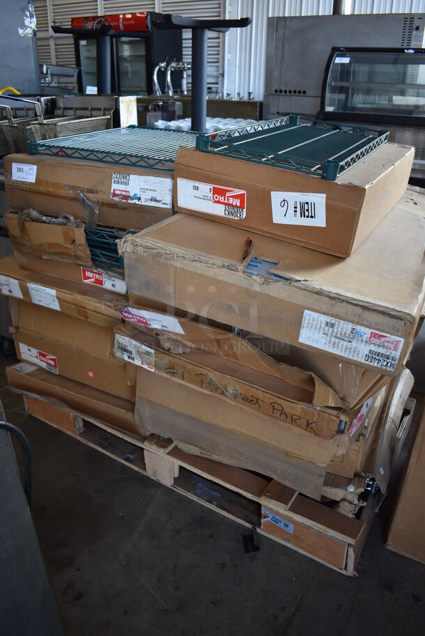 PALLET LOT OF 14 Various Boxes of Shelves Including Metro 18x30, Metro 24x48, Metro 24x30. 14 Times Your Bid!