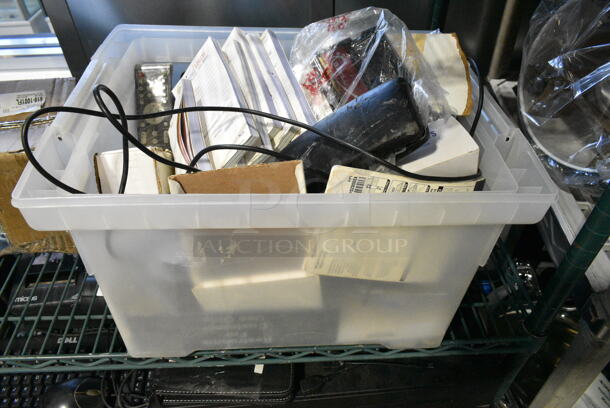 ALL ONE MONEY! Lot of Various Items Including Order Pads, Remote, Sign, Hard Drive in Poly Bin.  - Image 1 of 8