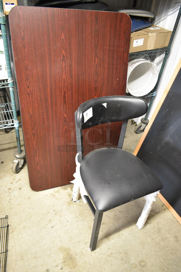 ALL ONE MONEY! Lot of 2 BRAND NEW SCRATCH AND DENT! Items; Wood Pattern Tabletop and Black Metal Dining Height Chair.  - Image 1 of 5