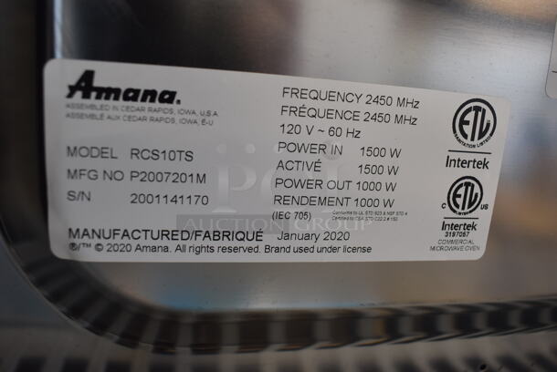 2020 Amana RCS10TS Stainless Steel Commercial Countertop Microwave Oven. 120 Volts, 1 Phase. 22x18x14 - Image 6 of 6