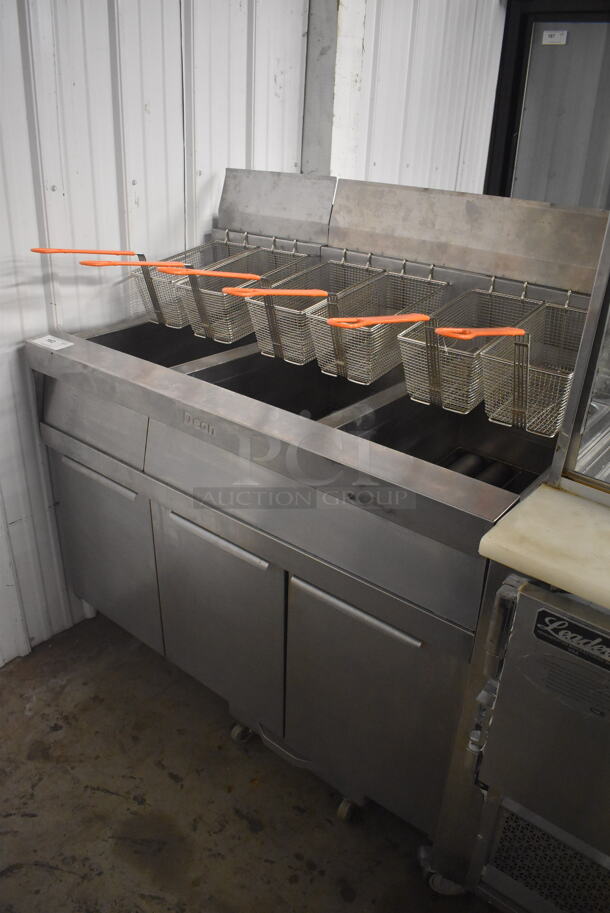 2011 Dean SCFSM350GNS Stainless Steel Commercial Floor Style Natural Gas Powered 3 Bay Deep Fat Fryer w/ 6 Metal Fry Baskets and Filtration System on Commercial Casters. 105,600 BTU. 47x30x51 - Image 5 of 11