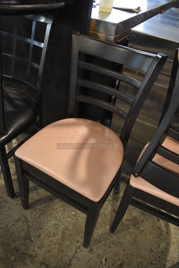 4 Wood Pattern Black Dining Chairs w/ Pink Seat Cushion. 17x17x34. 4 Times Your Bid! - Image 2 of 5