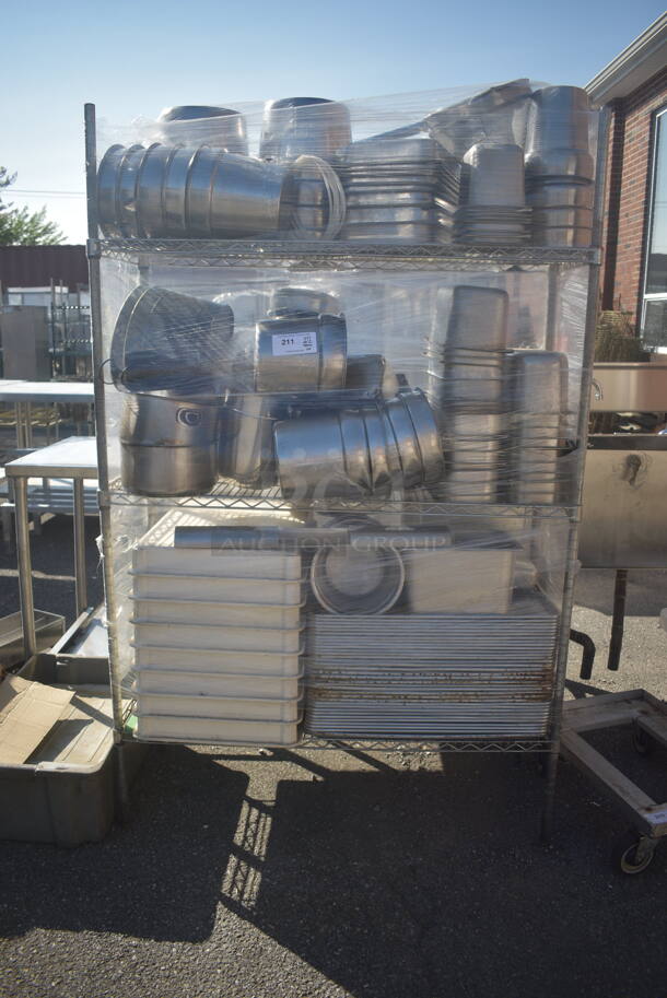 ALL ONE MONEY! Lot of Items Including Open Utility Shelf With Metro Style Shelving On Galvanized Legs, Steel Bins In Variety of Sizes, Steel Pots, Baking Trays, Baking Sheets, AND MORE!  BUYER MUST DISMANTLE. PCI CANNOT DISMANTLE FOR SHIPPING. PLEASE CONSIDER FREIGHT CHARGES. - Image 1 of 5