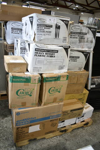 PALLET LOT of 28 BRAND NEW Boxes Including 4 Box 130HCUTFWR Visions Individually Wrapped White Heavy Weight Plastic Fork - 1000/Case, 130BKFSH Visions Wrapped Black Heavy Weight Plastic Cutlery Pack with Knife, Fork, and Spoon - 500/Case, 2 Box 395RP07 EcoChoice Compostable Sugarcane / Bagasse 7" Plate - 1000/Case, 394385L Noble Products White Powder-Free Disposable Latex Gloves for Foodservice - Large - 1000/Case, 612509PCO Choice 9" Round Standard Weight Foil Take-Out Pan with Dome Lid - 200/Case, 795PTOKFT2 Choice 7 3/4" x 5 1/2" x 2" Kraft Microwavable Folded Paper #2 Take-Out Container - 200/Case, 347TCL10 Choice 10 oz. Clear Disposable Plastic Tumbler - 500/Case, 346WKFSM Choice Medium Weight White Wrapped Plastic Cutlery Set with Knife, Fork, and Spoon - 500/Case, 627SSRD35175 Fat Daddio's SSRD-35175 ProSeries 3 1/2" x 1 3/4" Stainless Steel Round Cake / Food Ring Mold, Georgia Pacific Roll Towels 89440, AD12 Genpak 12 oz. Clear Hinged Deli Container - 200/Case, 5008W Choice 8 oz. Tall White Poly Paper Hot Cup - 1000/Case,  50010DWALLC Choice 10 oz. Coffee Break Print Smooth Double Wall Paper Hot Cup - 500/Case, 2 Box 15003545 Carnival King 5 1/2" x 3 1/4" x 12" Qt. Size Unprinted Foil Bag - 500/Case, 612P527 Choice 7" Clear Round Plastic Dome Lid - 500/Case. 28 Times Your Bid! 