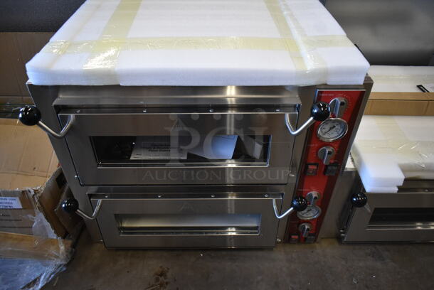 BRAND NEW SCRATCH AND DENT! 2023 Avantco 177DPO18DD Stainless Steel Commercial Countertop Double Deck Pizza/Bakery Oven with Two Independent Chambers. Comes w/ Cooking Stones. 240 Volts, 1 Phase.  - Image 2 of 7
