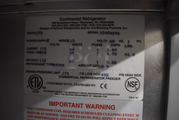 Continental 1FE ENERGY STAR Stainless Steel Commercial Single Door Reach In Freezer on Commercial Casters. 115 Volts, 1 Phase. 28.5x36x82.5. Tested and Working! - Image 5 of 5