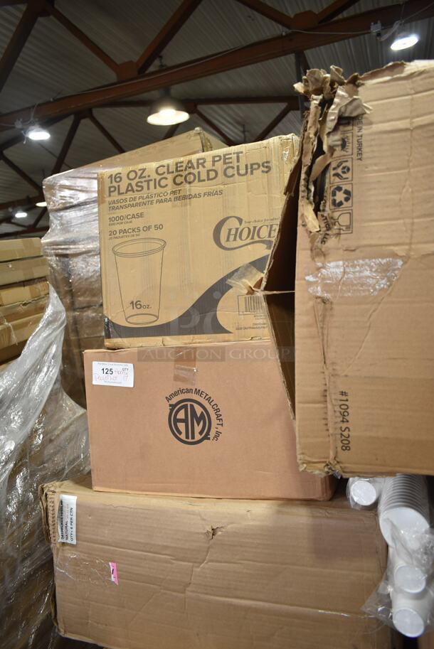 PALLET LOT of 17 BRAND NEW Boxes Including 500CC16 Choice Clear PET Customizable Plastic Cold Cup - 16 oz. - 1000/Case, 190H10LVS16OZ 10 Lane Universal Gravity Feed Bottle Organizer for 12 oz. to 16 oz. Bottles with High Rings, Nautical Direct 4 oz Foam Cups, 433NHT101 Choice 1/6 Standard Size White "Thank You" Standard-Duty Plastic T-Shirt Bag - 700/Case, 5013339XXH Lavex Pro 33 Gallon 2.5 Mil 33" x 39" Low Density Heavy-Duty Industrial Contractor Black Trash Bag Can Liner - 100/Case, 922EC14FP Acopa 6.5 Qt. Supreme Round Chafer Food Pan. 17 Times Your Bid! - Image 2 of 7