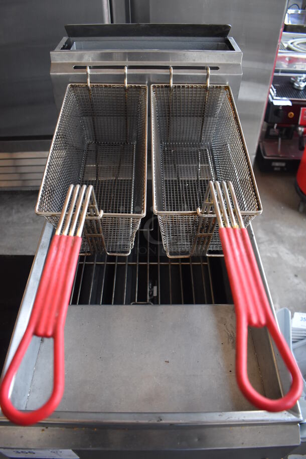 Imperial Stainless Steel Commercial Floor Style Natural Gas Powered Deep Fat Fryer w/ 2 Metal Baskets on Commercial Casters. 15.5x31x46 - Image 4 of 7