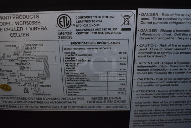 BRAND NEW SCRATCH AND DENT! Avanti WCR506SS Metal Commercial Wine Chiller Merchandiser. 115 Volts, 1 Phase. Tested and Working! - Image 5 of 6