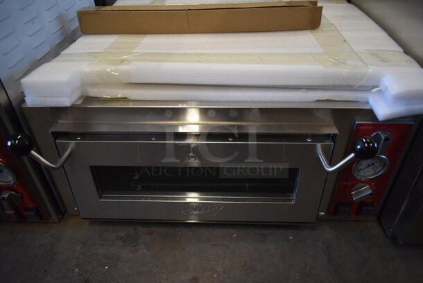 BRAND NEW SCRATCH AND DENT! Avantco 177DPO18S Stainless Steel Commercial Single Deck Countertop Pizza/Bakery Oven. Comes w/ Cooking Stone. 120 Volts, 1 Phase. Tested and Working! - Image 2 of 5