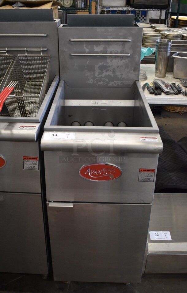 2022 Avantco FF400-N Stainless Steel Commercial Floor Style Natural Gas Powered Deep Fat Fryer. 120,000 BTU. 15.5x30x46