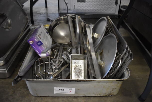 ALL ONE MONEY! Lot of Various Metal Items Including Utensils, Lids and Cooling Rack in Metal Bin