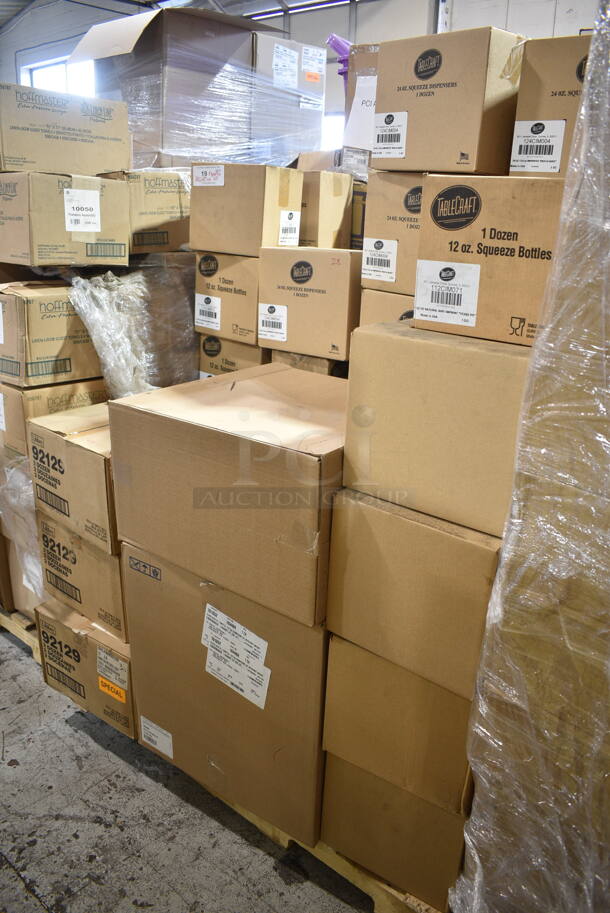 PALLET LOT of 45 BRAND NEW Boxes Including 3 Box Libbey 92129 33.5 oz Milk Bottles, 161052 Glass Rack, Tablecraft 112CIM071 Texas Pit Squeeze Bottles, Tablecraft 112CIM004 Squeeze Bottles, Tablecraft 112CIM072 Squeeze Bottles. 45 Times Your Bid!  - Image 2 of 8