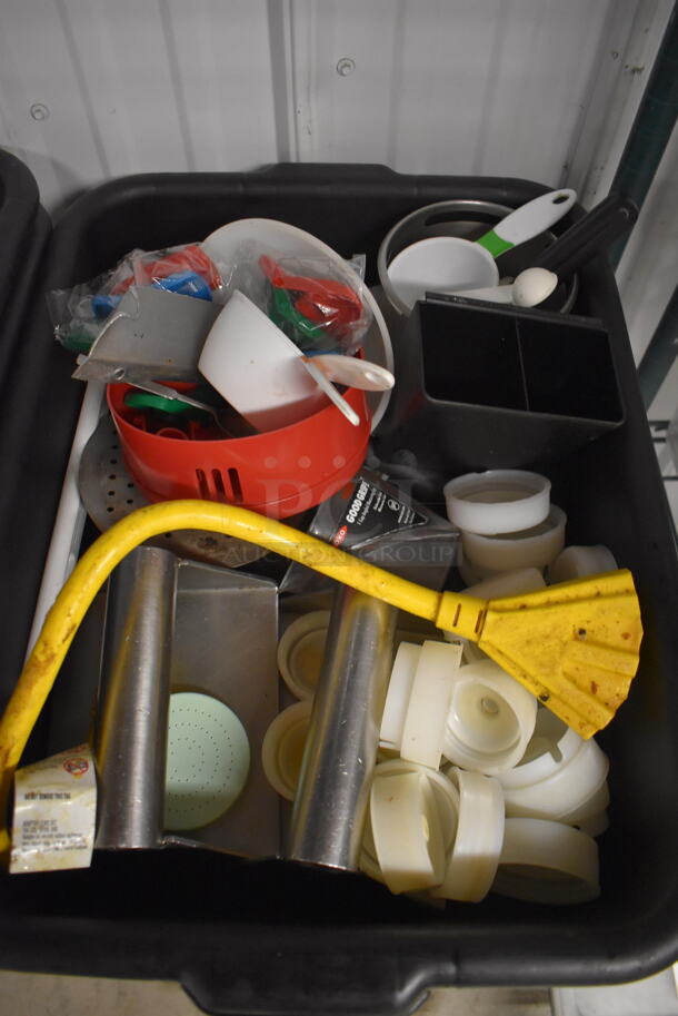 ALL ONE MONEY! Lot of 2 Black Poly Bus Bins Including Metal Lids, Poly Condiment Bottle Lids and Mandolin Slicer Holder - Image 2 of 7