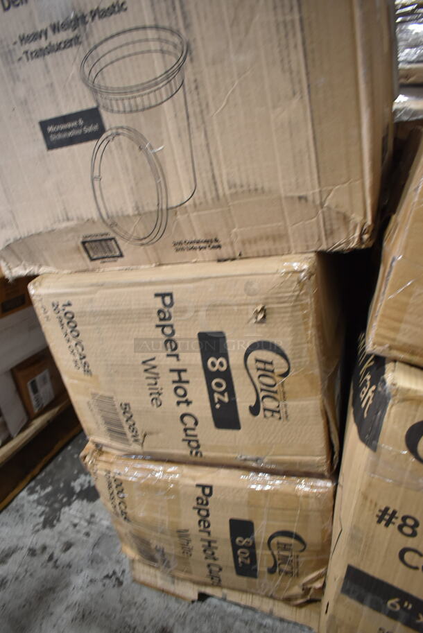PALLET LOT of 19 BRAND NEW Boxes Including 128HD32COMBO ChoiceHD 32 oz. Microwavable Translucent Plastic Deli Container and Lid Combo Pack - 240/Case, X8 Dart Trophy Plus Cups, 2 Box 5008W Choice 8 oz. Tall White Poly Paper Hot Cup - 1000/Case, 795PTOKFT8 Microwavable Folded Paper #8 Take-Out Container 6" x 4 5/8" x 2 1/2", 760PICLWDOME Choice 5-12 oz. Clear Plastic Low Dome Lid, No Hole - 1000/Case, 129MCS242CB Choice 30 oz. Black 8 3/4" x 6" x 2 3/4" 2-Compartment Rectangular Microwavable Heavy Weight Container with Lid - 150/Case, 85HT3R Dart Foam Container, 164TS1000 Lancaster Table & Seating 10" Cast Iron Table Base Spider, 50010C Choice 10 oz. Coffee Print Poly Paper Hot Cup - 1000/Case. 19 Times Your Bid! - Image 5 of 9