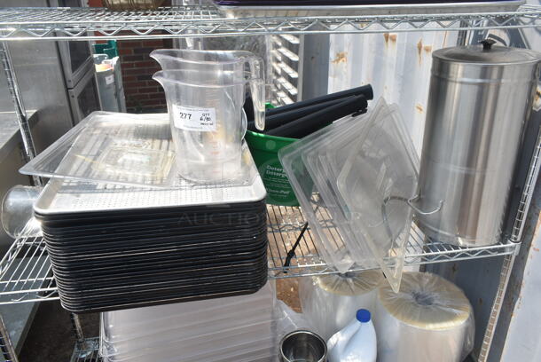 Chrome Finish 4 Tier Wire Shelving Unit w/ Contents Including Trays and Poly Bins on Commercial Casters. BUYER MUST DISMANTLE. PCI CANNOT DISMANTLE FOR SHIPPING. PLEASE CONSIDER FREIGHT CHARGES. - Image 3 of 5