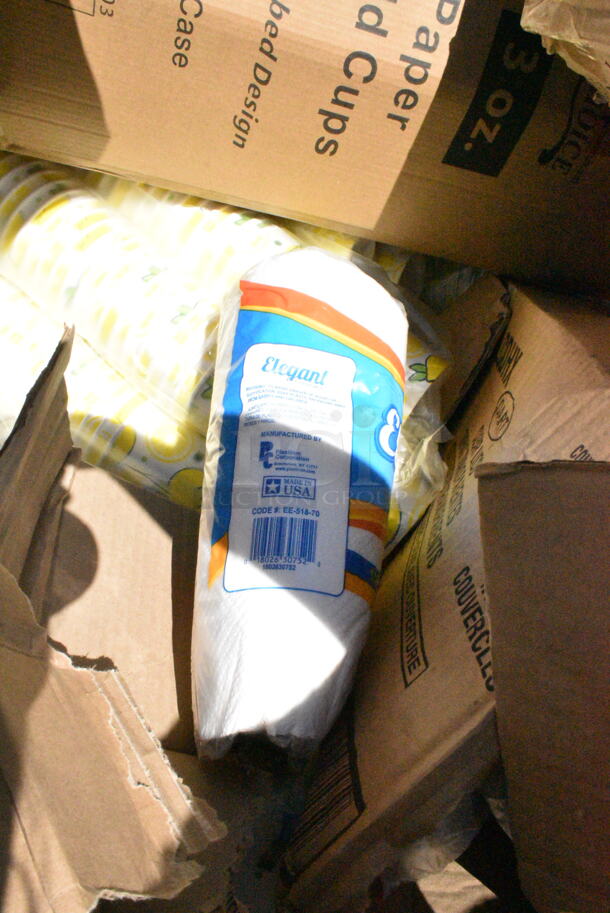 20 BRAND NEW Boxes Including 5002BNAPNAT EcoChoice 2-Ply Natural Kraft Beverage / Cocktail Napkin - 3000/Case, Dart 72HT1 7" x 4" x 2" White Foam Hinged Lid Hot Dog Container - 500/Case, 760V32 Carnival King 32 oz. Popcorn Cup - 500/Case, 50024C Choice 24 oz. Coffee Print Poly Paper Hot Cup - 600/Case, Dart 16LCDHX Clear PET Dome Lid with 2" Hole - 1000/Case, 347BP6BK Choice 6" Black Plastic Plate - 1000/Case. 20 Times Your Bid! - Image 12 of 12