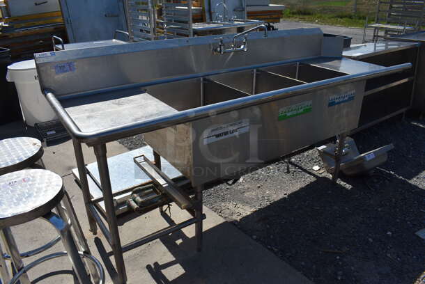 Stainless Steel Commercial 3 Bay Sink w/ Dual Drain Boards, Faucet and Handles. 95x31x45. Bays 18x24x13. Drain Boards 18x26x1