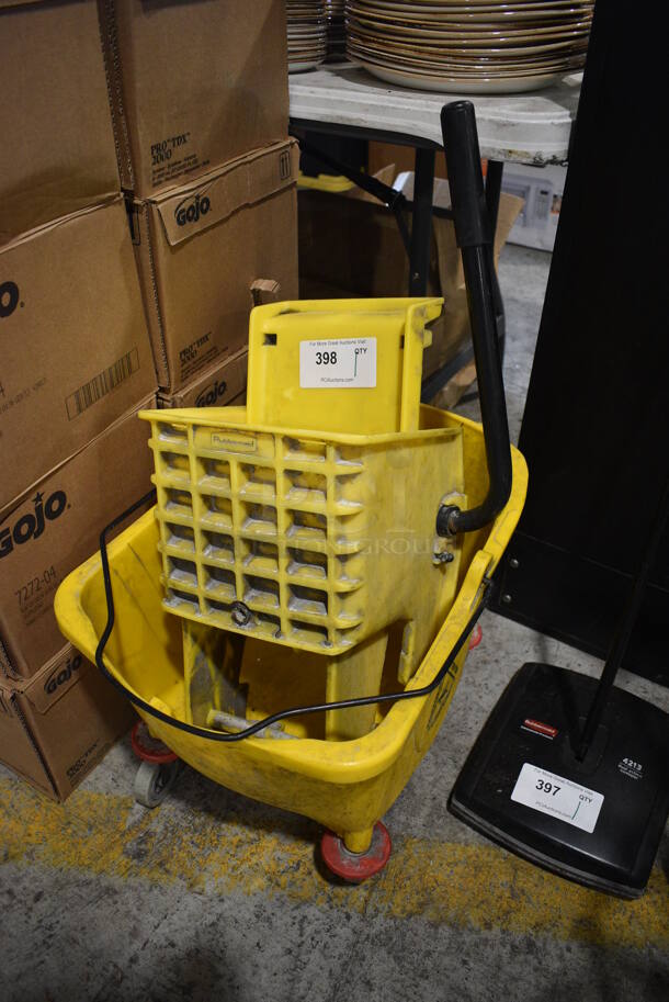Rubbermaid Yellow Poly Mop Bucket w/ Wringing Attachment on Commercial Casters. 15x19x30 - Image 2 of 3