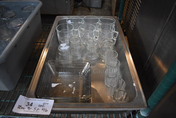 ALL ONE MONEY! Lot of Glassware; 12 Mugs, 9 Rocks Glasses, 5 Pitchers and 4 Bowls in Metal Bin. Includes 6.5x6.5x2