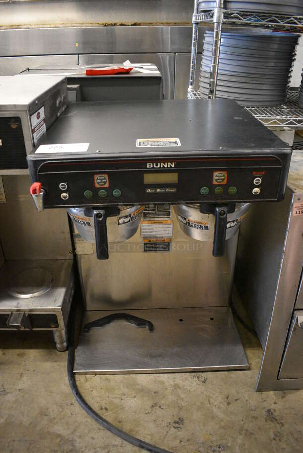 2013 Bunn Model ICB-TWIN Stainless Steel Commercial Countertop Double Coffee Machine w/ Hot Water Dispenser and 2 Metal Brew Baskets. 120/208 Volts, 1 Phase. 20x23x26