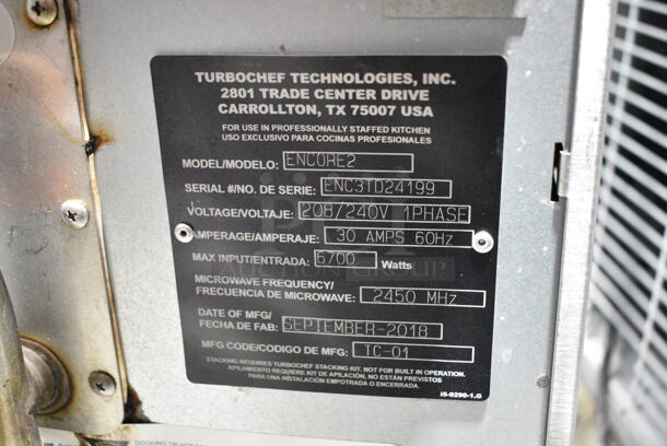 2018 Turbochef Encore 2 Stainless Steel Commercial Countertop Electric Powered Rapid Cook Oven. 208/240 Volts, 1 Phase.  - Image 4 of 4