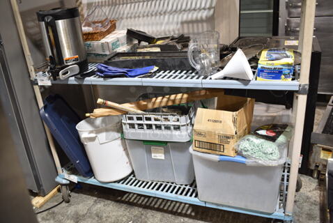 ALL ONE MONEY! Two Tier Lot of Various Items Including Poly Bins, Glasses, Satellite Server, Dish Caddy, Funnel, Bagel Saber, Mop Head.