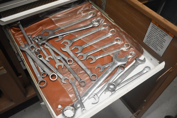 Tan Metal 2 Door Cabinet w/ Contents Including Panasonic Commercial Electric Stapler and Tools on Commercial Casters. - Image 8 of 12