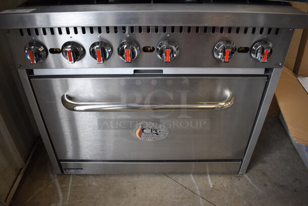 BRAND NEW! CPG Model 351S36N Stainless Steel Commercial Natural Gas Powered 6 Burner Range w/ Oven. Comes w/ Backsplash, Over Shelf, Extra Grate, 2 Extra Burners and 2 Extra Knobs. Stock Picture Used For Gallery. 36x31x31 - Image 5 of 12