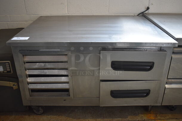 2014 Leader Model LB48 S/C Stainless Steel Commercial 2 Drawer Chef Base on Commercial Casters. 115 Volts, 1 Phase. 40x32x26. Tested and Powers On But Temps at 50 Degrees