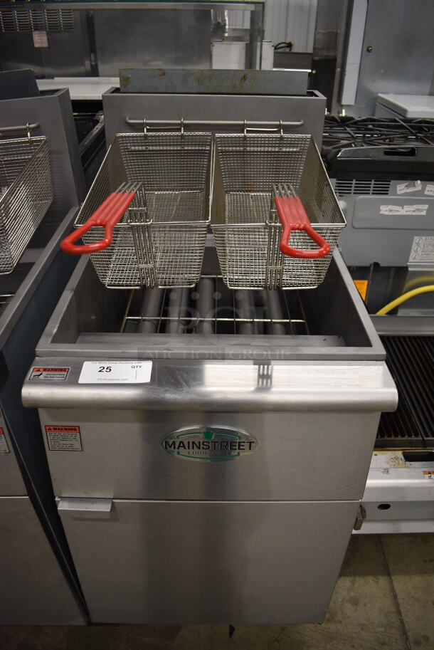 BRAND NEW! 2021 Main Street Model 541FF100N Stainless Steel Commercial Floor Style Natural Gas Powered 100 Pound Capacity Deep Fat Fryer w/ 2 Metal Fry Baskets. 150,000 BTU. 21x30x49