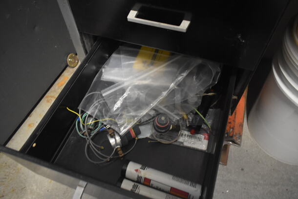 Black Metal Desk w/ Wood Pattern Desktop and Contents Including Bottles, Screws. Includes 30x60x30. BUYER MUST REMOVE. - Image 7 of 12