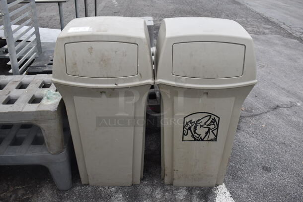 2 Rubbermaid Tan Poly Trash Cans. 21x21x40. 2 Times Your Bid!