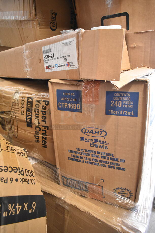 PALLET LOT of 25 BRAND NEW Boxes Including Eagle Group HSR-24 Spec-Bar 24" Stainless Steel Single Tier Removable Hanging Speed Rail, CTR16BD Dart SafeSeal 16 oz. Plastic Tamper-Resistant, Tamper-Evident Bowl with Dome Lid - 240/Case, 3 Box 34930RTCB Lancaster Table & Seating 30" Laminated Round Table Top Reversible Cherry / Black, 12 oz Smooth Wall Hot Cups, 129MCR24B Choice 24 oz. Black Round Microwavable Heavy Weight Container with Lid 7 1/4" - 150/Case, 3M 3100 20" Aqua Burnishing Floor Pad - 5/Case. 25 Times Your Bid!  - Image 2 of 7
