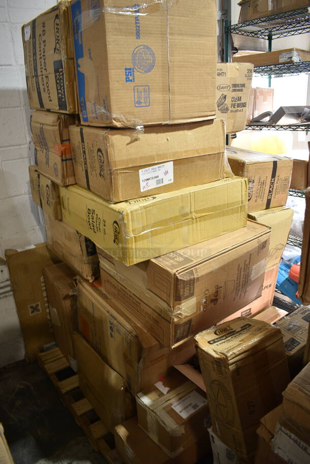 PALLET LOT of 27 BRAND NEW Boxes Including C54HT1 Dart Clearseal 5" Hinged Clear Slice Container - 250/Case, 433NHT101H Choice 1/6 Standard Size White "Thank You" Medium-Duty Plastic T-Shirt Bag - 1000/Case, 129MCS38B Choice 38 oz. Black Rectangular Microwavable Heavy Weight Container with Lid 8 3/4" x 6 1/4" x 2" - 150/Case, 127CH16 Choice 16 oz. Clear RPET Hinged Deli Container - 200/Case, 129MCR24B Choice 24 oz. Black Round Microwavable Heavy Weight Container with Lid 7 1/4" - 150/Case, 44712191261 Avantco A Plus 44712191261 Gasket for APST-27-8 Prep Tables, 5002TPJEC Lavex 2-Ply 550' Universal Jumbo Toilet Paper Roll with 7 1/2" Diameter - 12/Case, 795PTOKFT8 Choice Kraft Microwavable Folded Paper #8 Take-Out Container 6" x 4 3/4" x 2 1/2" - 300/Case, CTR16BD Dart SafeSeal 16 oz. Plastic Tamper-Resistant, Tamper-Evident Bowl with Dome Lid - 240/Case, 127SB24COMBO Choice 24 oz. Clear Plastic Salad Bowl with Lid - 150/Case, 129MCR24B Choice 24 oz. Black Round Microwavable Heavy Weight Container with Lid 7 1/4" - 150/Case, 433NACHOS Carnival King Small Clear 2 Compartment Plastic Nacho Tray - 500/Case, 50012W Choice 12 oz. White Poly Paper Hot Cup - 1000/Case, 500TO883 Choice 8" x 8" x 3" Microwaveable 3-Compartment Black / Clear Plastic Hinged Container - 100/Case, Dart 85HT3R 8" x 8" x 3" White Foam Three-Compartment Square Take Out Container with Perforated Hinged Lid - 200/Case. 27 Times Your Bid! - Image 1 of 12