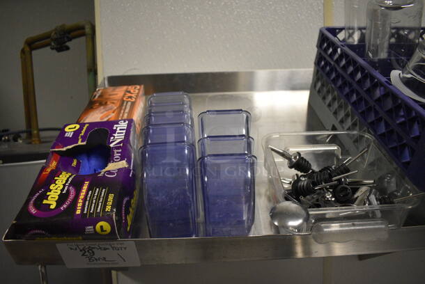 Stainless Steel Commercial Wall Mount Shelf w/ Contents Including Dish Caddies, Utensils, Bucket and Cutting Boards. 84x22x21. BUYER MUST REMOVE. (kitchen) - Image 5 of 6