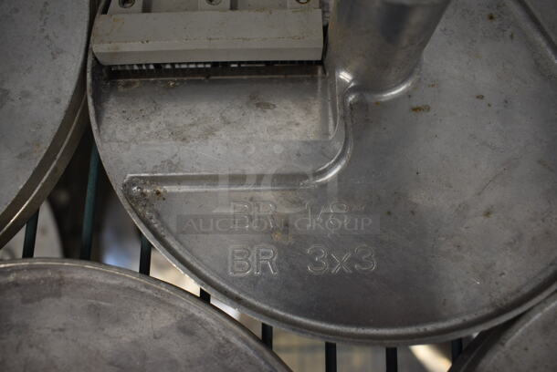 7 Various Robot Coupe Metal Food Processor Blades w/ Rack. Includes WA 5/32" GA 4, E/S 3-1/8", BR 1/8" BR 3x3, BR 5/32" BR 4x4, BR 5/64" BR 2x2. Goes GREAT w/ Lots 33 and 56! 7.5x7.5x3. 7 Times Your Bid! - Image 4 of 12