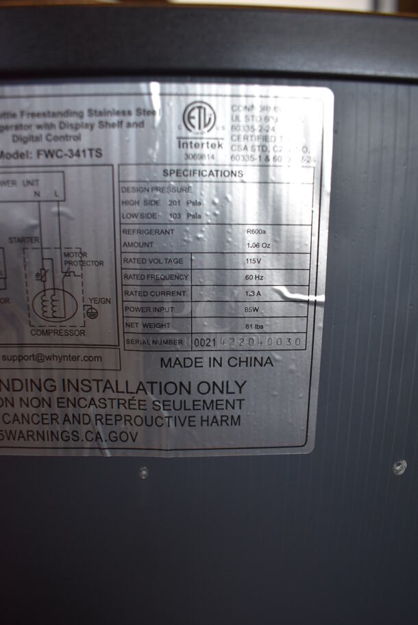 BRAND NEW SCRATCH AND DENT! Whynter FWC-341TS Stainless Steel Commercial Wine Chiller Merchandiser. 115 Volts, 1 Phase. Tested and Working! - Image 5 of 7
