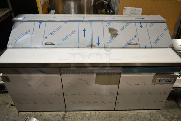 BRAND NEW SCRATCH AND DENT! 2023 Avantco 447APST72 Stainless Steel Commercial Sandwich Salad Prep Table Bain Marie Mega Top on Commercial Casters. 115 Volts, 1 Phase. - Item #1115518