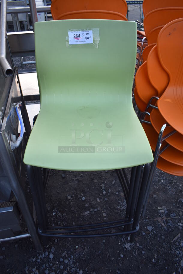 3 Bar Height Chairs w/ Green Seat and Metal Frame. 20x21x39. 3 Times Your Bid!
