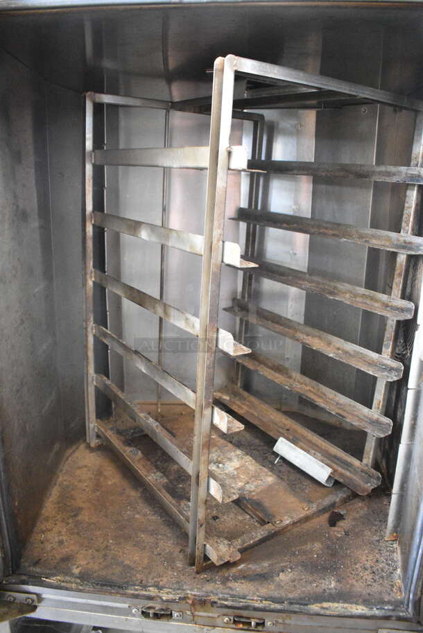 Baxter Stainless Steel Commercial Natural Gas Powered Mini Rotating Rack Oven w/ Lower Double Pan Rack on Commercial Casters. See Pictures for Broken Glass Pane.  - Image 6 of 8