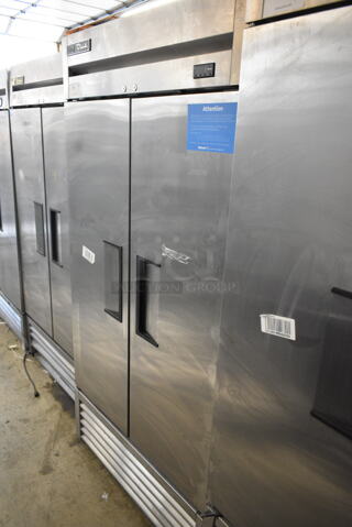2020 True T-35 Stainless Steel Commercial 2 Door Reach In Cooler w/ Poly Coated Racks and Commercial Casters. 115 Volts, 1 Phase. Tested and Working!